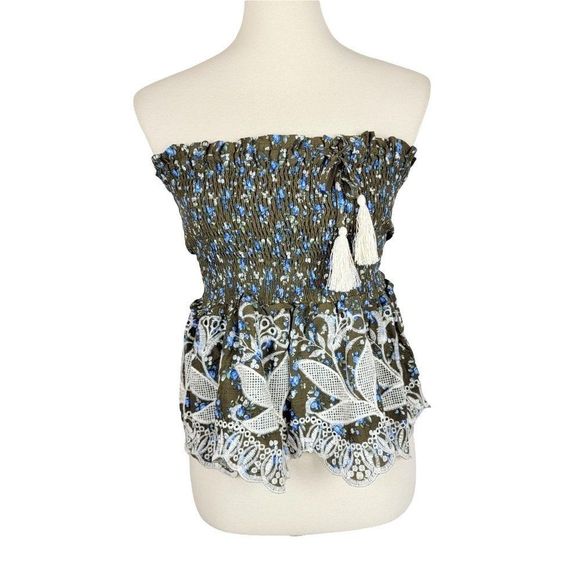 English Factory Green White Floral Embroidered Smocked Baby Doll Tube Top Size M - Picture 1 of 11